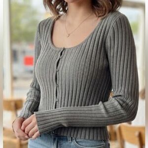 Pink Rose Charcoal Ribbed Scoop Neck Sweater
